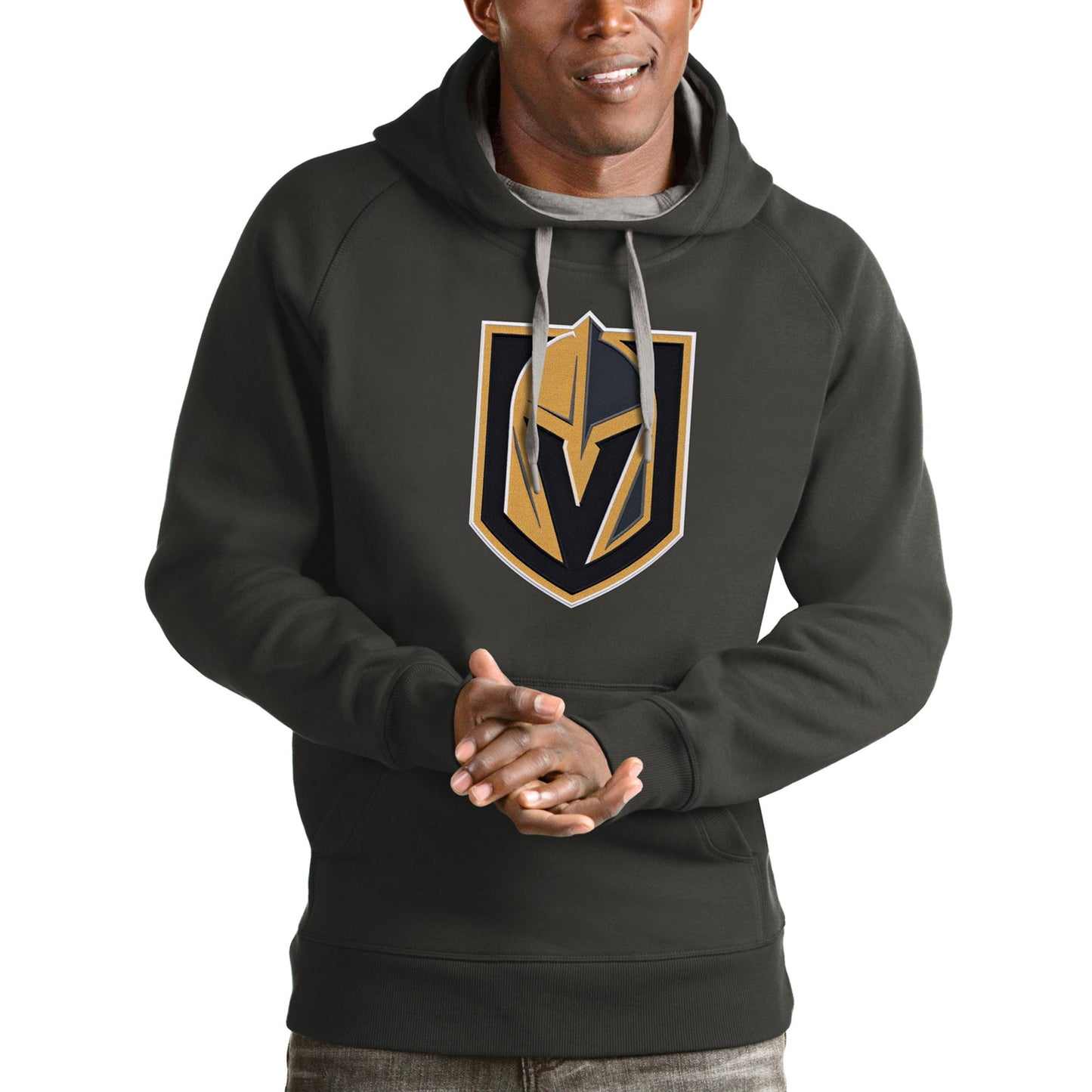 Men's Antigua Charcoal Vegas Golden Knights Logo Victory Pullover Hoodie