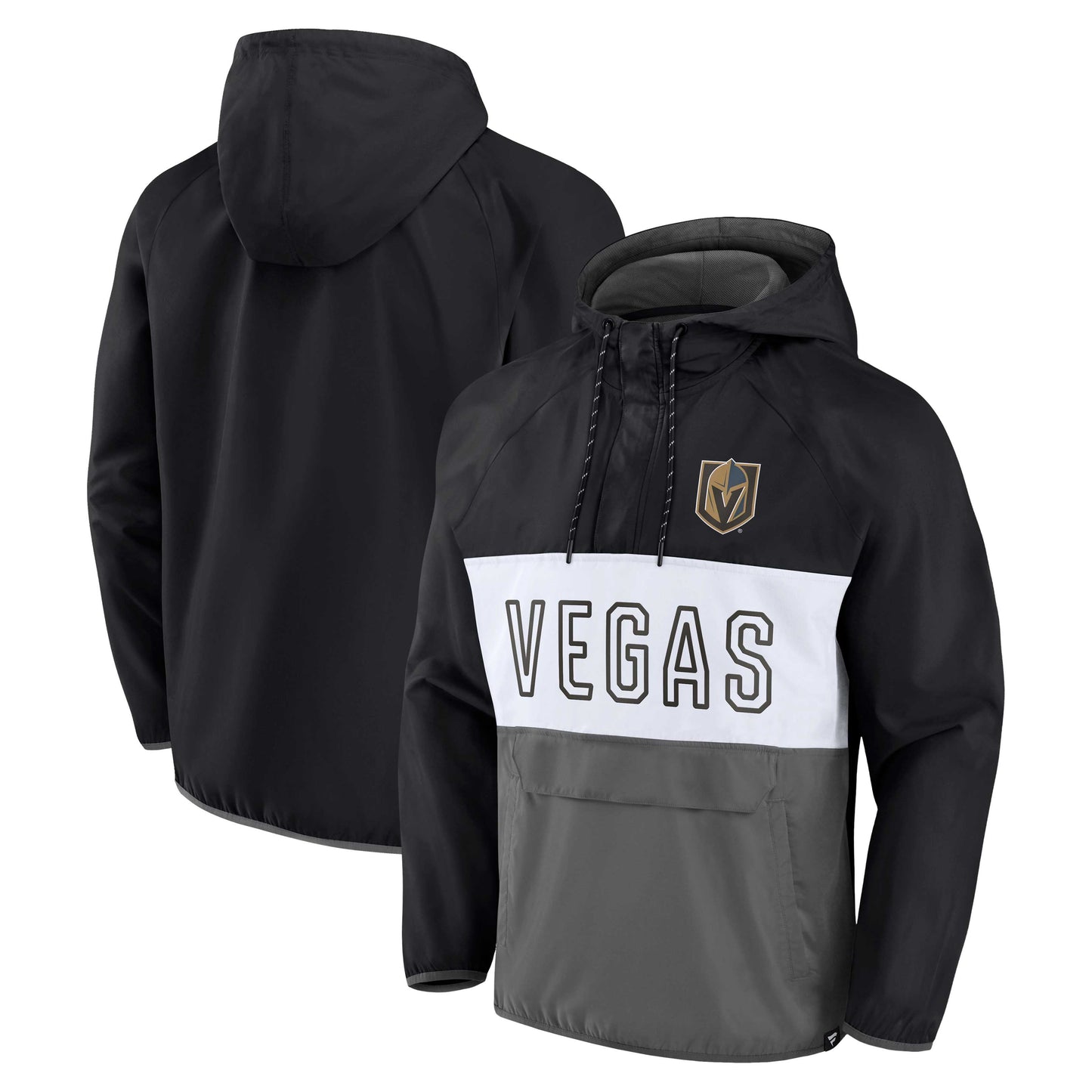 Men's Fanatics Branded Black/Gray Vegas Golden Knights Backhand Shooter Defender Anorak Raglan Hoodie Quarter-Zip Jacket