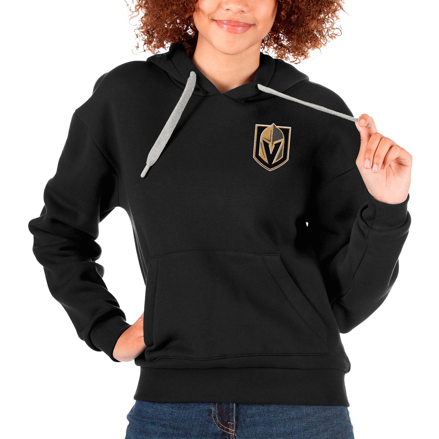 Women's Antigua Black Vegas Golden Knights Primary Logo Victory Pullover Hoodie