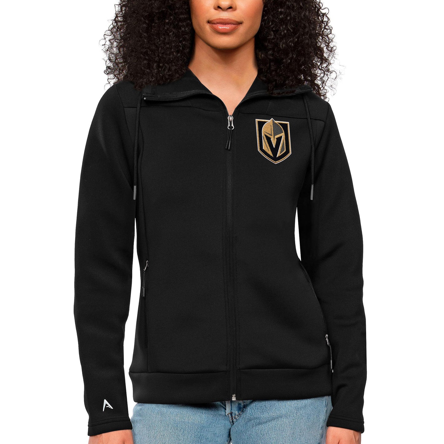 Women's Antigua Black Vegas Golden Knights Team Logo Protect Full-Zip Hoodie