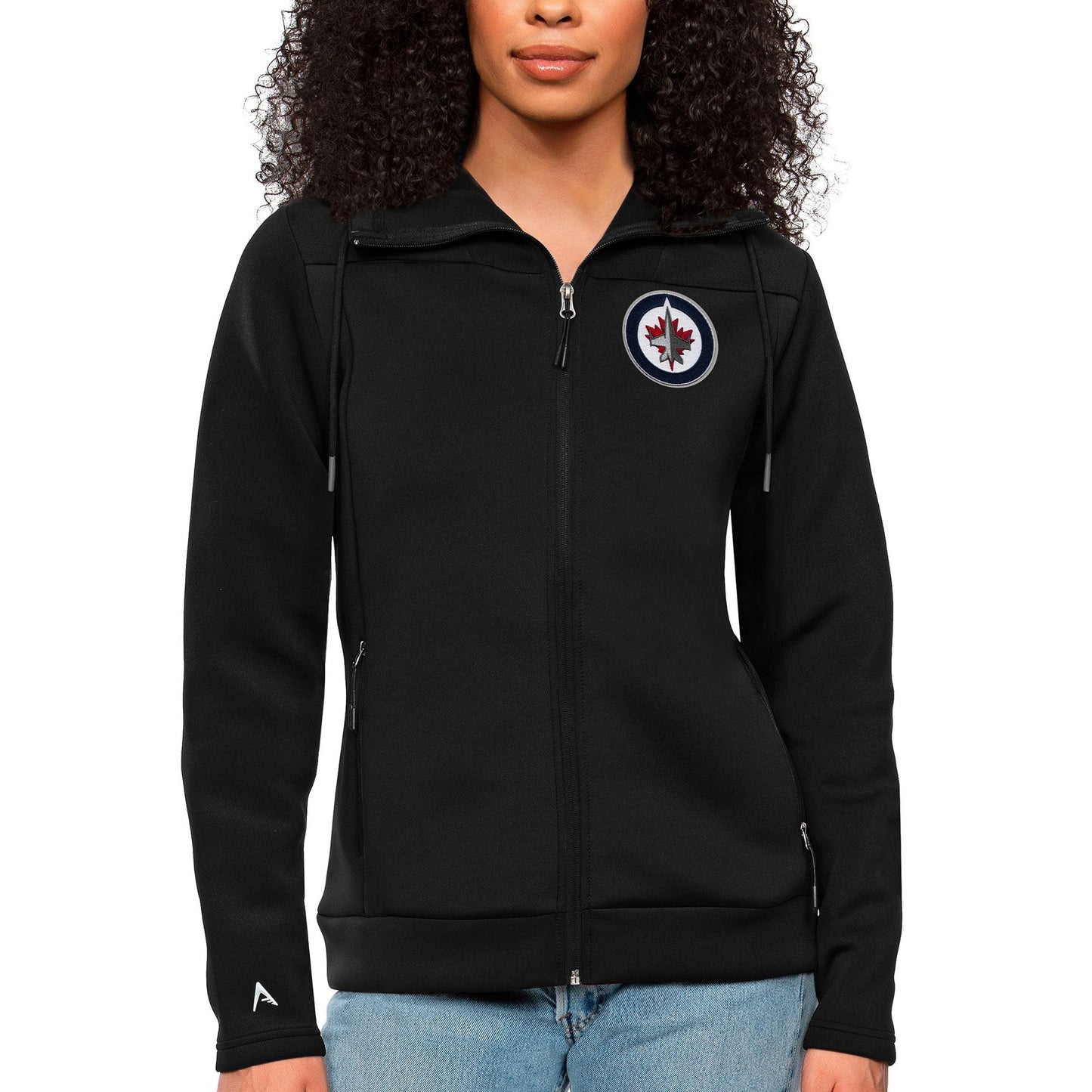 Women's Antigua Black Winnipeg Jets Team Logo Protect Full-Zip Hoodie