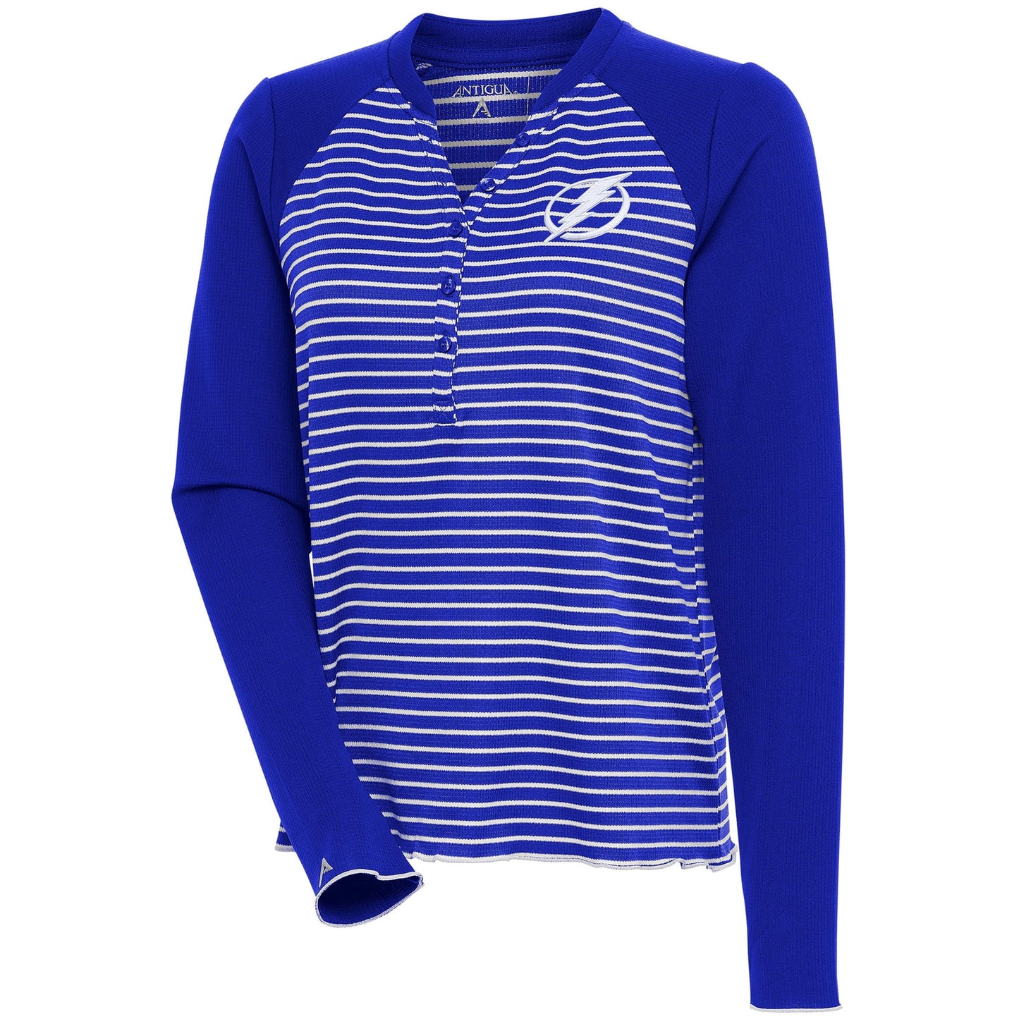 Women's Antigua Blue Tampa Bay Lightning Maverick Henley Long Sleeve T-Shirt