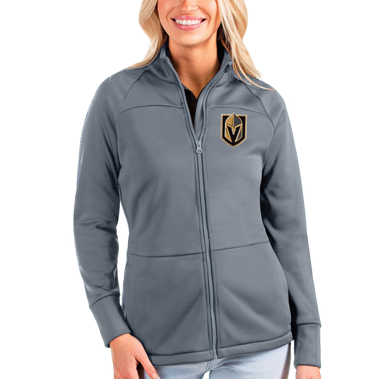 Women's Antigua Gray Vegas Golden Knights Links Full-Zip Golf Jacket