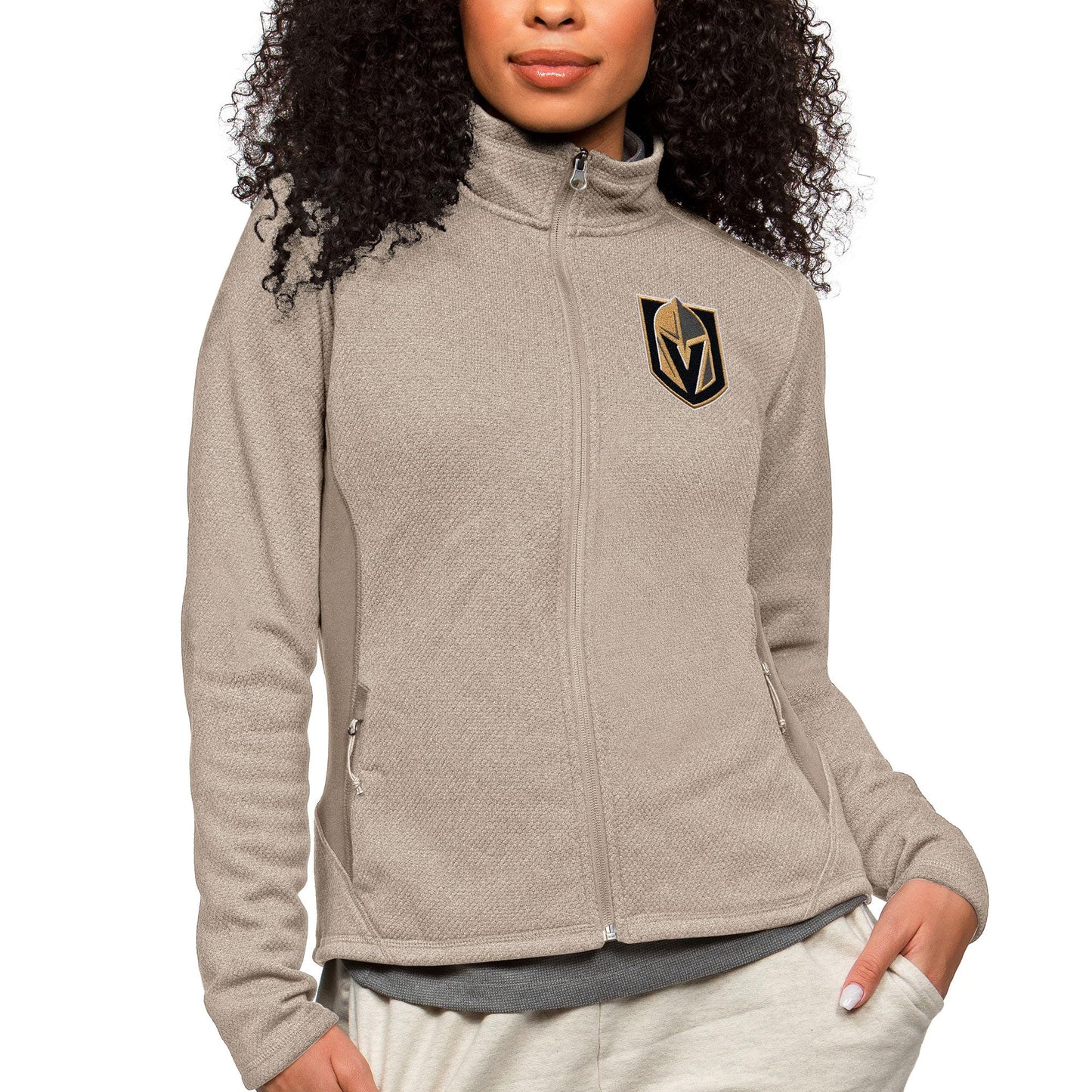 Women's Antigua Oatmeal Vegas Golden Knights Primary Logo Course Full-Zip Jacket