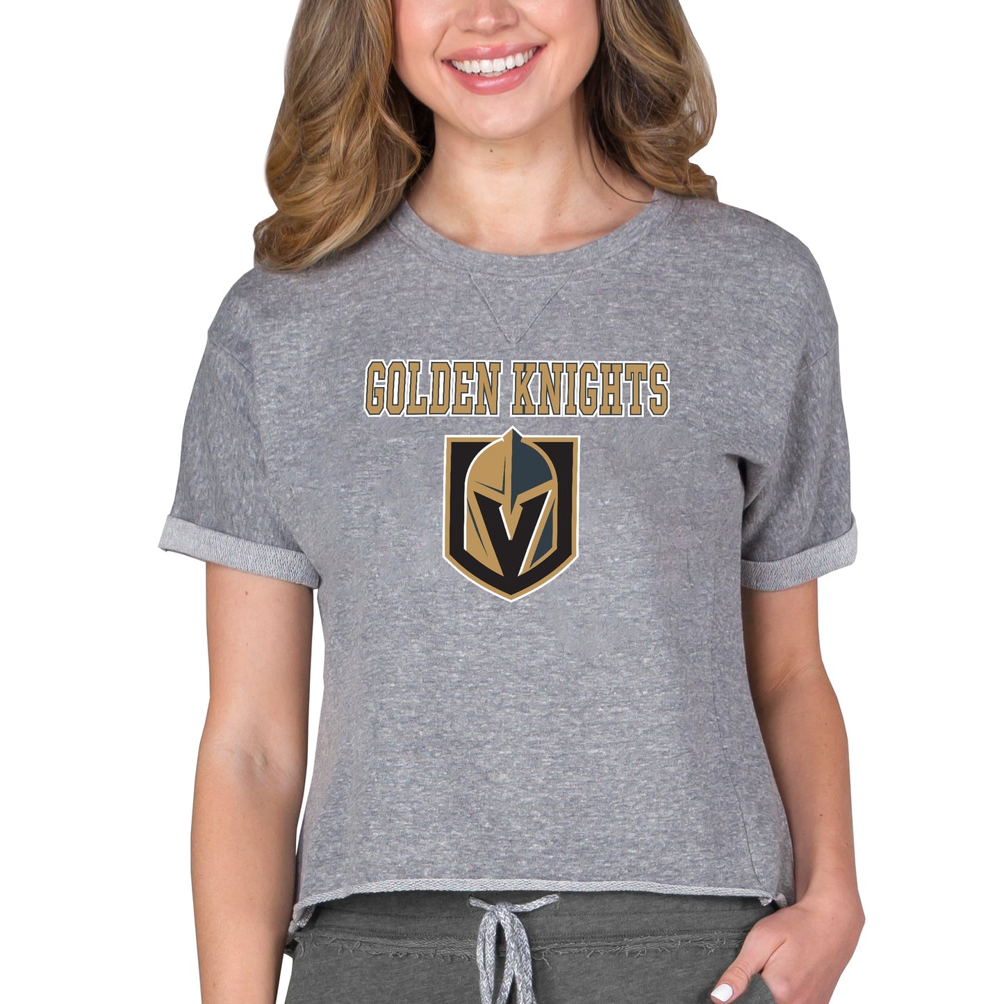 Women's Concepts Sport Heather Gray Vegas Golden Knights Tri-Blend Mainstream Terry Short Sleeve Sweatshirt Top