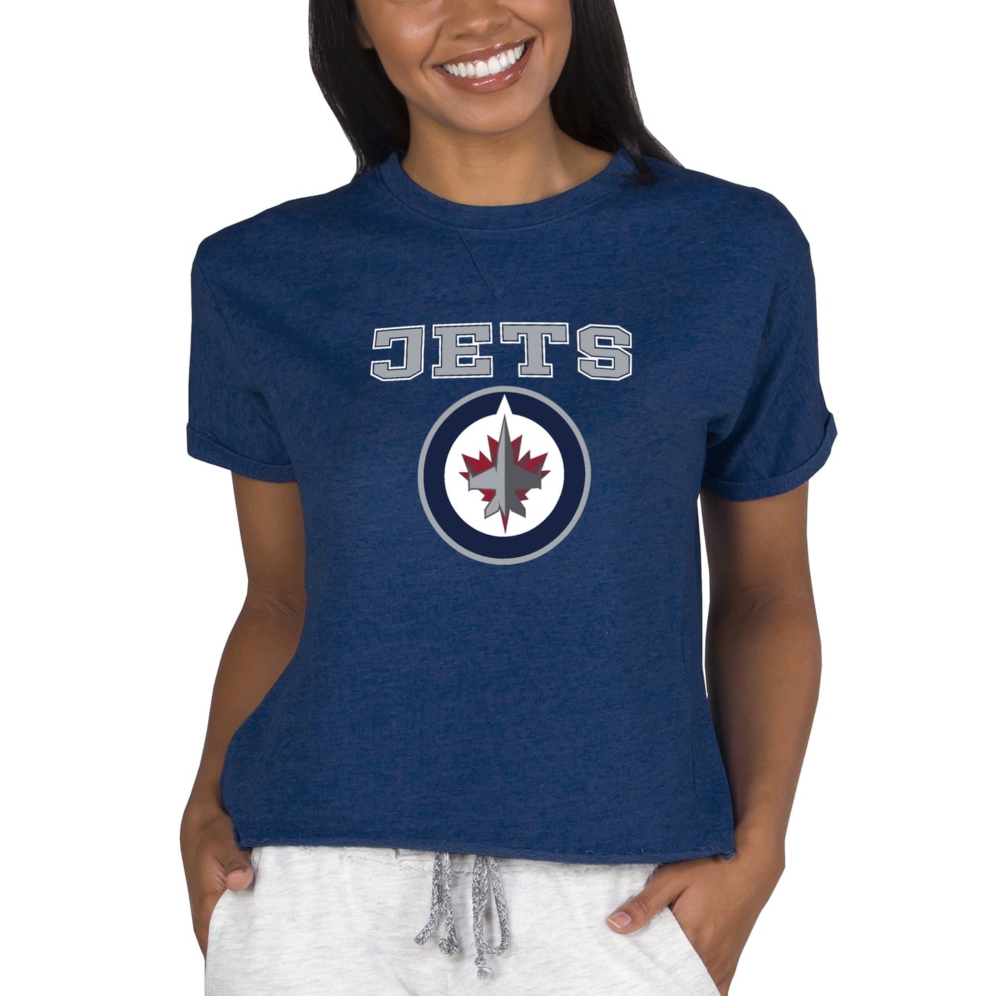 Women's Concepts Sport Navy Winnipeg Jets Tri-Blend Mainstream Terry Short Sleeve Sweatshirt Top